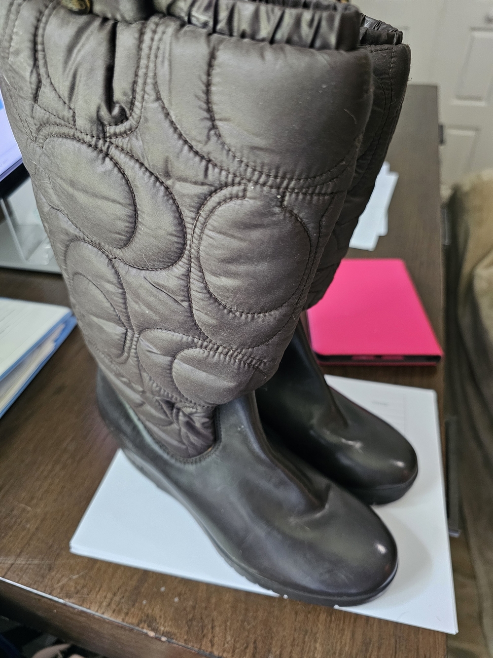 COACH Quilted Tall Winter Rain Boots in Dark Brown Size 7.5